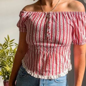 1970s handmade boho off the shoulder puff sleeve lace blouse